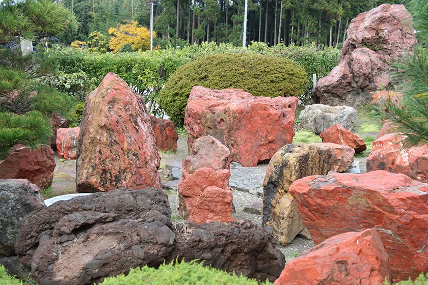 赤玉石庭園では、佐渡特産の各種銘石に触れられます。