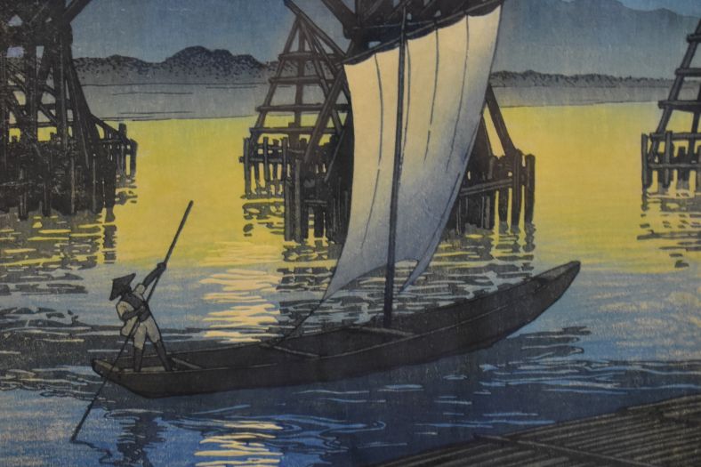 川瀬巴水　月夜の帆かけ船