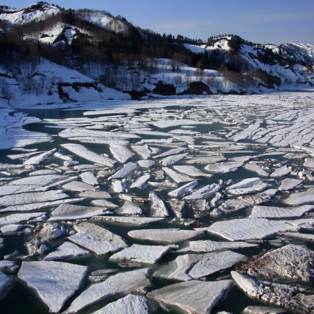 破間川ダムの雪流れ