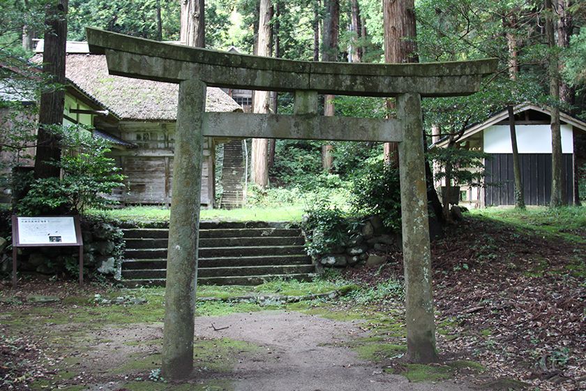 緑の芝生に映える茅葺屋根の能舞台が見えてきます。