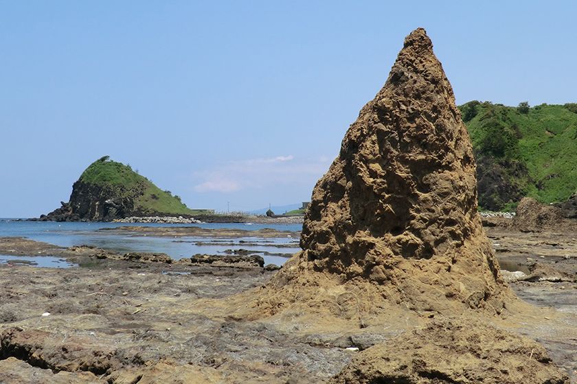隆起波食台の海岸に奇岩が点在する独特の光景