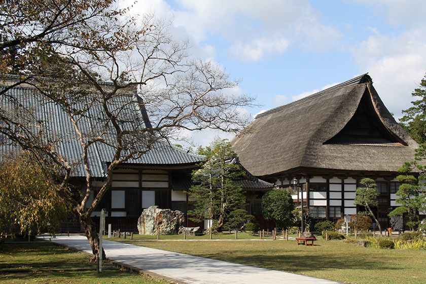 見事な茅葺屋根の庫裏が印象的です。