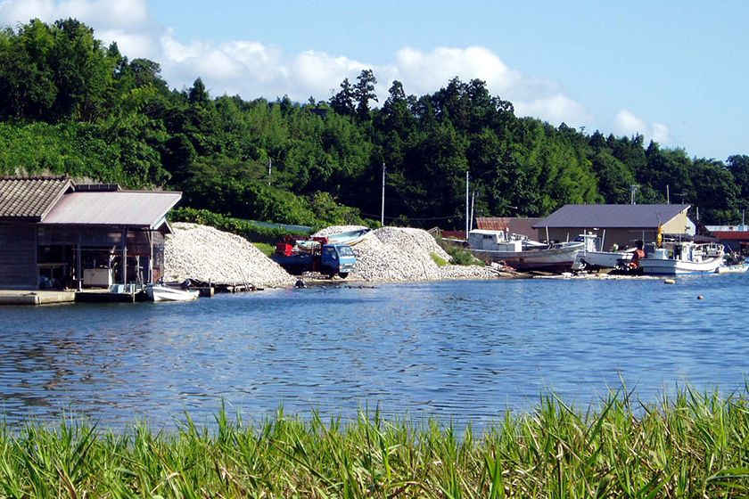 湖岸にはカキ小屋が並んでいます。