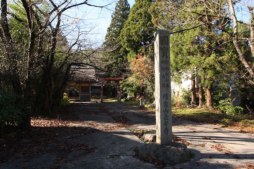 白山神社の赤い鳥居の奥に仁王門が見えます。