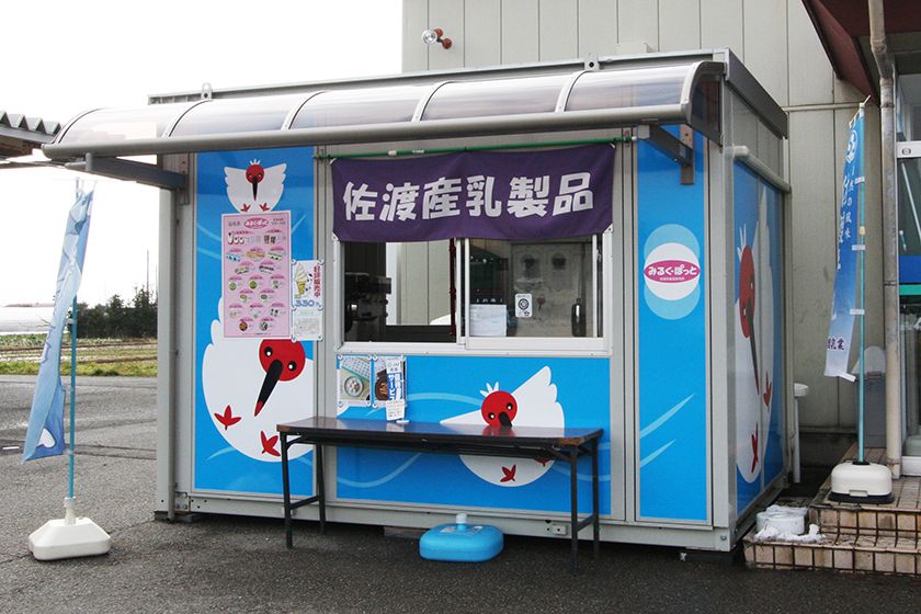 佐渡乳業商品の直売所「みるく・ぽっと」。ミルクソフトクリームが人気です。