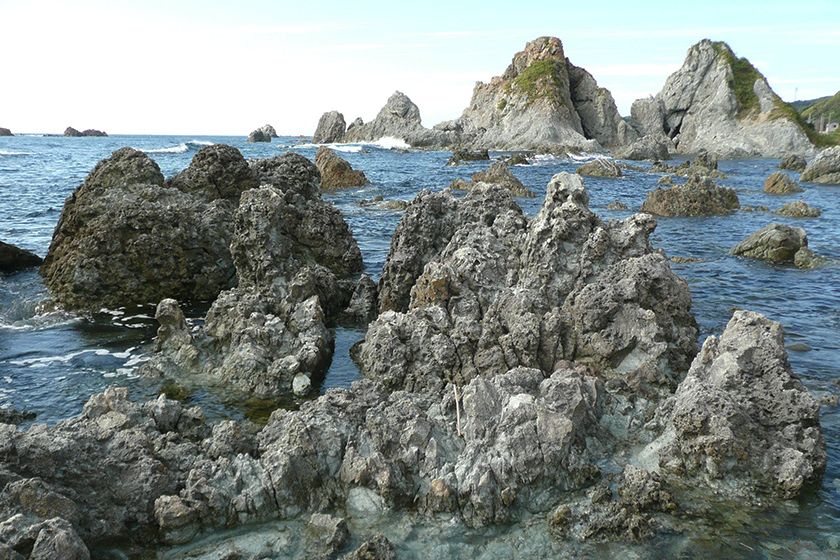 岩礁が多い典型的な隆起海岸の光景が広がっています。