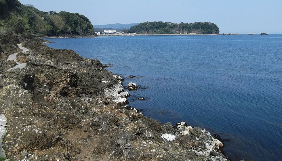 遠くに城山の岬を望む海岸風景