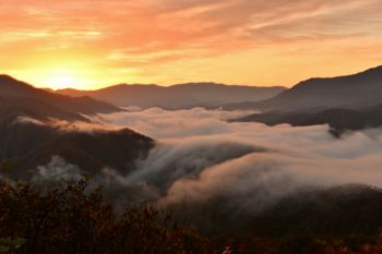 滝雲　朝日を受けて